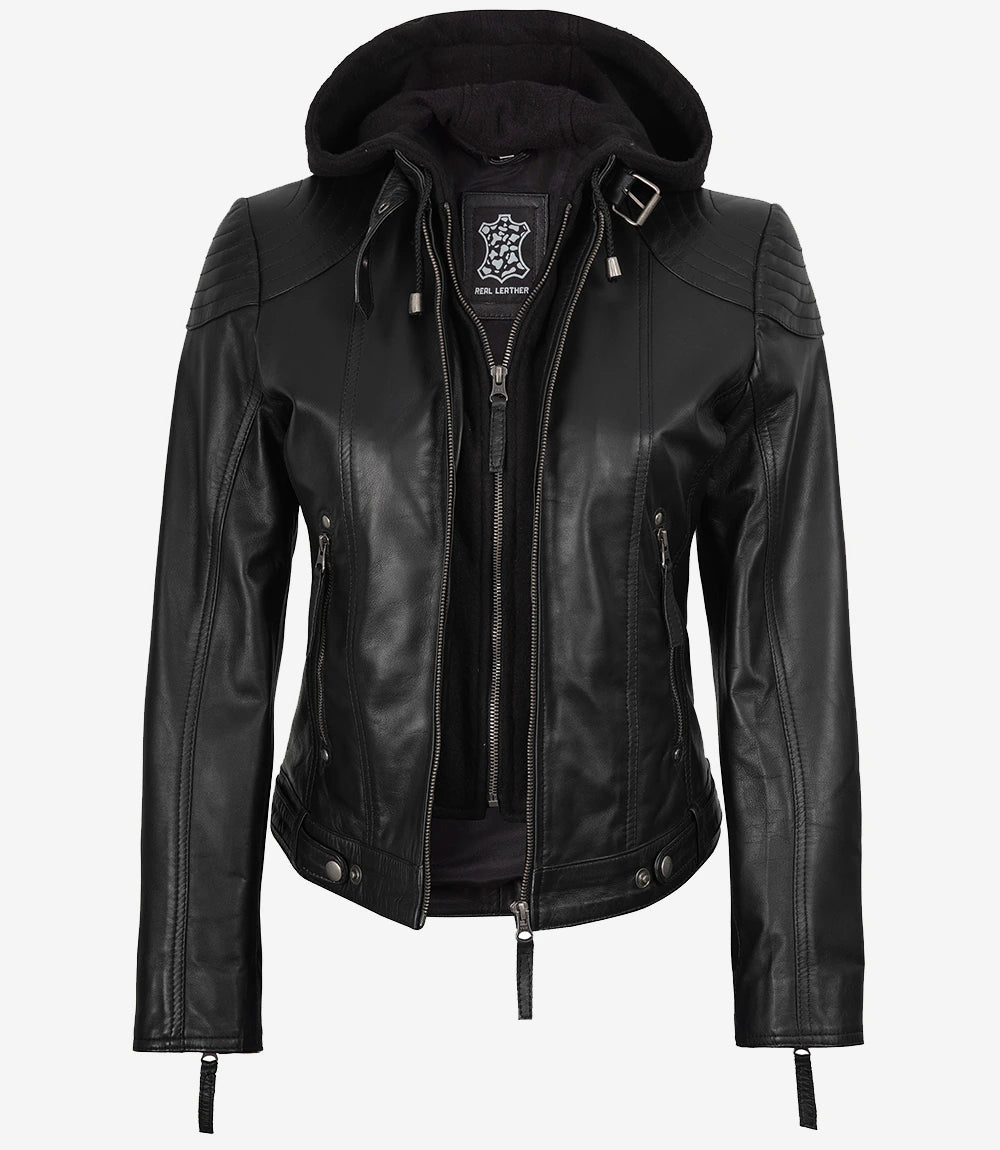 Veste en cuir noire à capuche pour femme