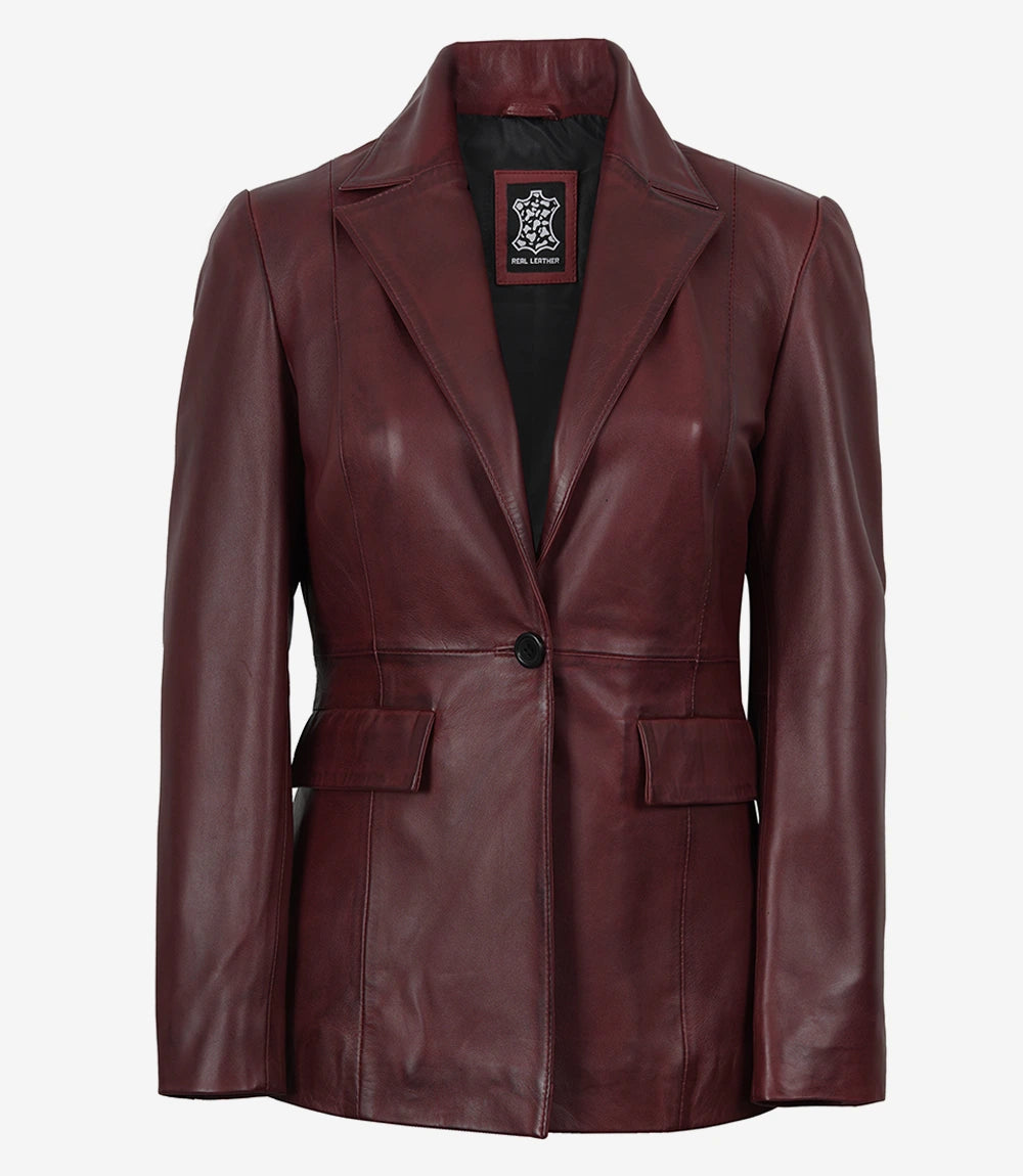 Femmes Bourgogne Véritable Cuir Blazer