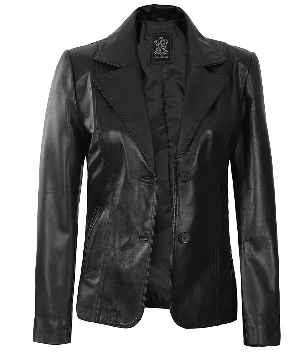 Schwarze Blazerjacke aus Leder „Surrey“ für Damen